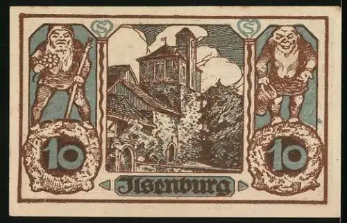 Notgeld Ilsenburg im Harz 1921, 10 Pfennig, Partie an altem Turm