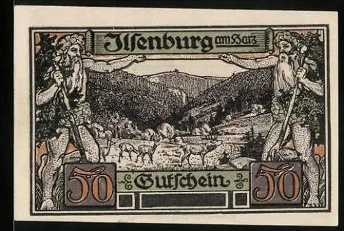 Notgeld Ilsenburg am Harz 1921, 50 Pfennig, Hirsch und Rehe auf der Wiese