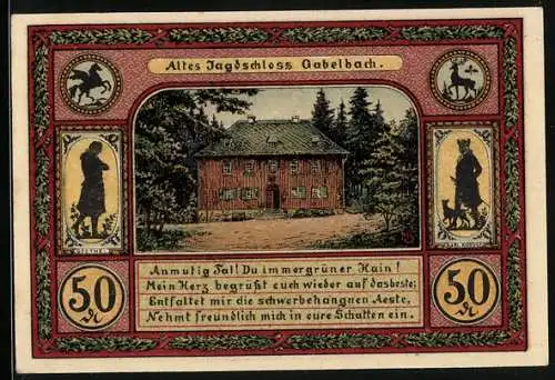 Notgeld Ilmenau 1921, 50 Pfennig, Altes Jagdschloss Gabelbach, Turm auf dem Kickelhahn