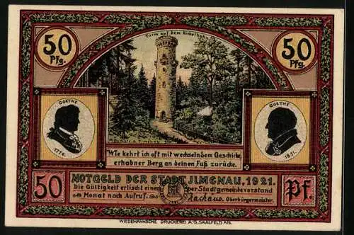 Notgeld Ilmenau 1921, 50 Pfennig, Altes Jagdschloss Gabelbach, Turm auf dem Kickelhahn