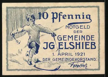 Notgeld Igelshieb 1921, 10 Pfennig, Skiläufer im Schnee