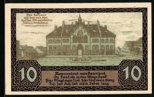 Notgeld Johannisburg /Ostpr. 1920, 10 Pfennig, Rathaus und Bismarckdenkmal