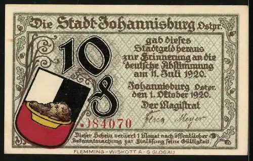 Notgeld Johannisburg /Ostpr. 1920, 10 Pfennig, Rathaus und Bismarckdenkmal