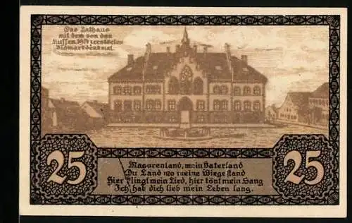 Notgeld Johannisburg /Ostpr. 1920, 10 Pfennig, Bismarckdenkmal vor dem Rathaus