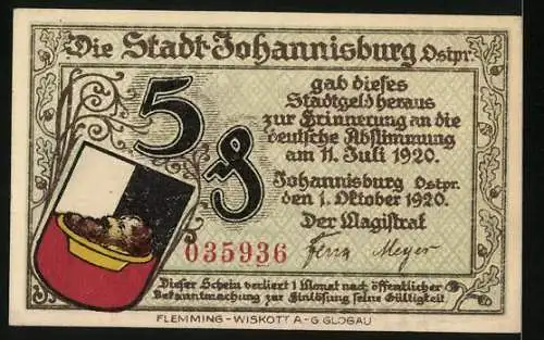 Notgeld Johannisburg /Ostpr. 1920, 10 Pfennig, Rathaus und Bismarckdenkmal