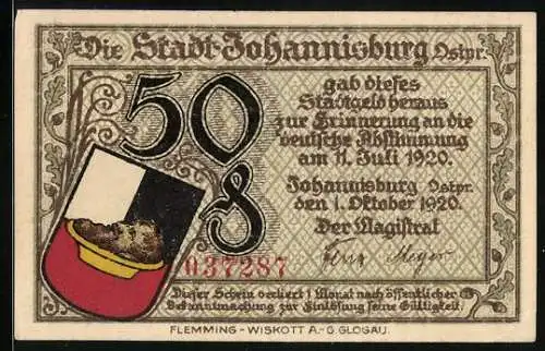 Notgeld Johannisburg /Ostpr. 1920, 10 Pfennig, Rathaus und Bismarckdenkmal