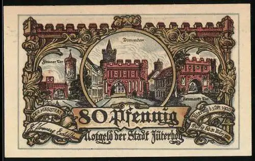 Notgeld Jüterbog 1920, 80 Pfennig, Dammtor, Zinnoer Tor und Neumarkt Tor