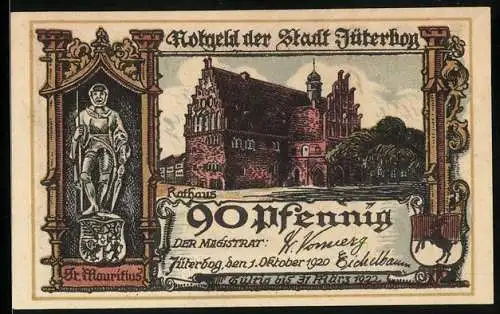 Notgeld Jüterbog 1920, 90 Pfennig, St. Mauritius und Bürgermeisterzimmer im Rathaus