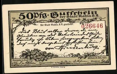 Notgeld Kahla 1921, 50 Pfennig, Zum Ehrenmal umgebildete Leuchtenburg