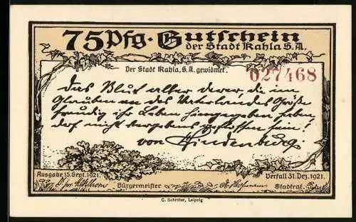 Notgeld Kahla 1921, 75 Pfennig, Ehrenhof des Leuchtenburg-Ehrenmals