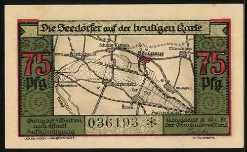 Notgeld Königsaue 1921, 75 Pfennig, Karte der Umgebung, Ortsansicht