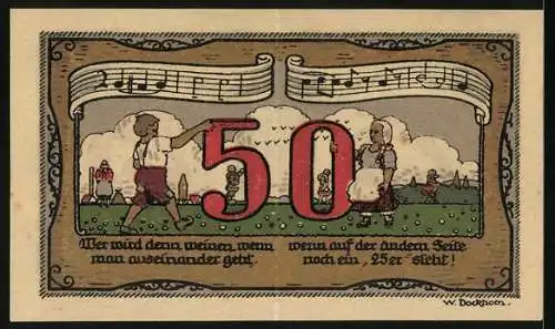 Notgeld Königsaue 1921, 50 Pfennig, Kinder auf der Wiese, teilbarer Schein