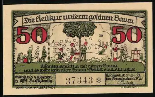 Notgeld Königsaue 1921, 50 Pfennig, Zwerge schütteln Geld vom Baum, 3 Gemeinde-Krankheiten