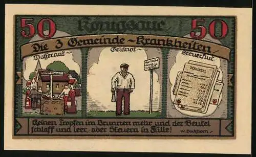 Notgeld Königsaue 1921, 50 Pfennig, Zwerge schütteln Geld vom Baum, 3 Gemeinde-Krankheiten