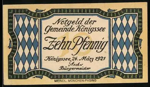 Notgeld Königssee 1921, 10 Pfennig, Ortsansicht übers Wasser