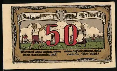 Notgeld Königsaue 1921, 50 Pfennig, Kinder spielen auf der Wiese, teilbarer Schein
