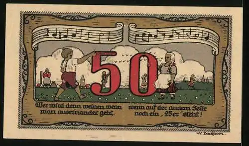 Notgeld Königsaue 1921, 50 Pfennig, Zwei Kinder auf der Wiese, teilbarer Schein