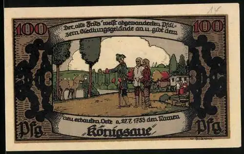 Notgeld Königsaue 1921, 100 Pfennig, Der Alte Fritz teilt Land zu