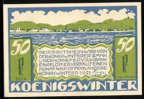 Notgeld Königswinter 1921, 50 Pfennig, Gesamtansicht am Wasser