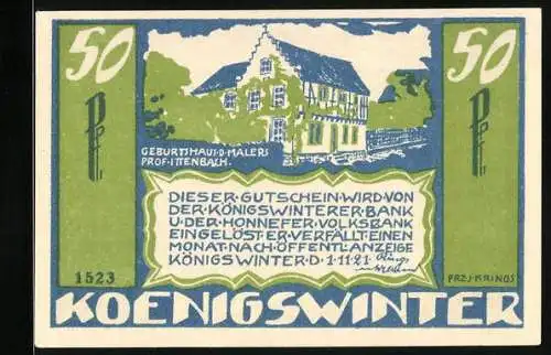 Notgeld Königswinter 1921, 50 Pfennig, Das Geburtshaus von Prof. Ittenbach