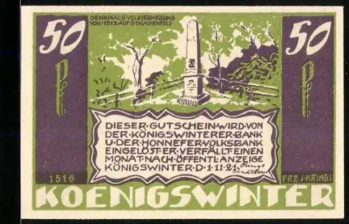 Notgeld Königswinter 1921, 50 Pfennig, Das Denkmal der Volkserhebung von 1813