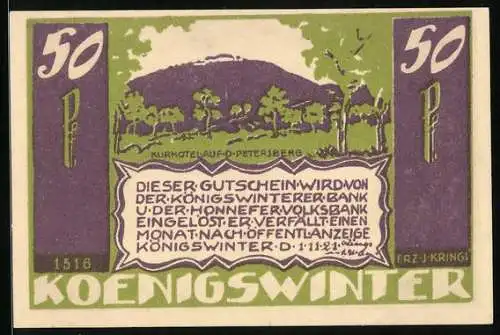 Notgeld Königswinter 1921, 50 Pfennig, Petersberg mit dem Kurhotel