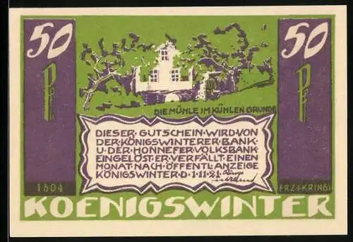 Notgeld Königswinter 1921, 50 Pfennig, Die Mühle im kühlen Grunde