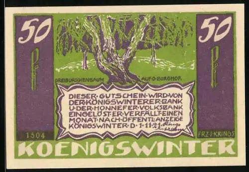 Notgeld Königswinter 1921, 50 Pfennig, Der Dreiburschenbaum auf dem Burghof