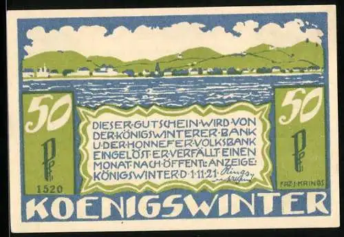 Notgeld Königswinter 1921, 50 Pfennig, Totalansicht vom Wasser aus