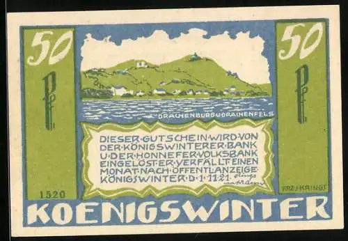 Notgeld Königswinter 1921, 50 Pfennig, Drachenburg und Drachenfels