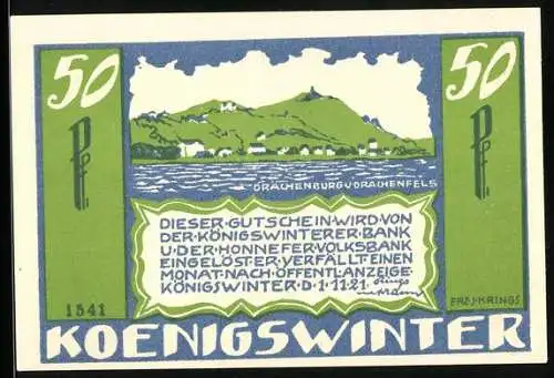 Notgeld Königswinter 1921, 50 Pfennig, Drachenburg und Drachenfels