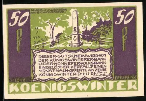 Notgeld Königswinter 1921, 50 Pfennig, Partie am Denkmal der Volkserhebung 1813