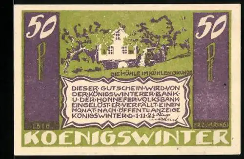 Notgeld Koenigswinter 1921, 50 Pfennig, Partie an der Mühle im kühlen Grunde