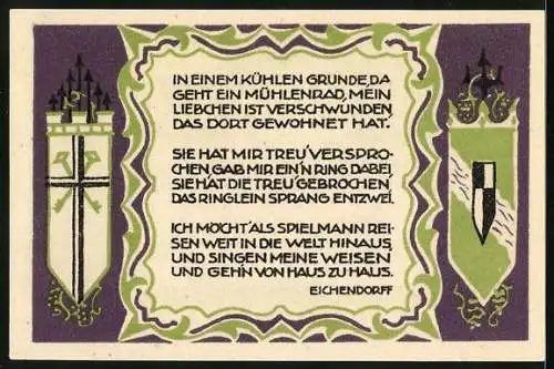 Notgeld Koenigswinter 1921, 50 Pfennig, Partie an der Mühle im kühlen Grunde