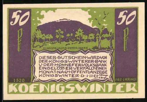 Notgeld Koenigswinter 1921, 50 Pfennig, Der Petersberg mit dem Kurhotel