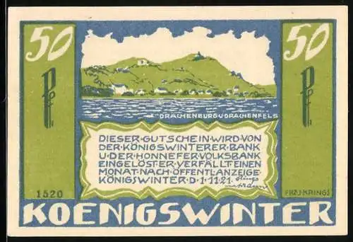 Notgeld Koenigswinter 1921, 50 Pfennig, Drachenburg und Drachenfels am Wasser