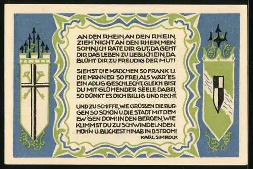 Notgeld Koenigswinter 1921, 50 Pfennig, Drachenburg und Drachenfels am Wasser