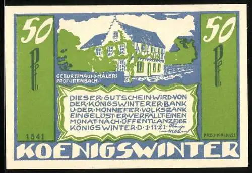 Notgeld Koenigswinter 1921, 50 Pfennig, Das Geburtshaus des Malers Prof. Ittenbach