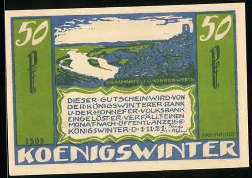 Notgeld Königswinter 1921, 50 Pfennig, Drachenfels und Nonnenwerth gegen das Flusstal