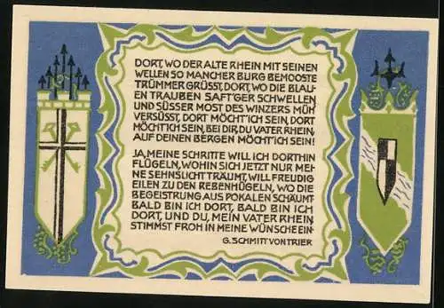 Notgeld Königswinter 1921, 50 Pfennig, Drachenfels und Nonnenwerth gegen das Flusstal