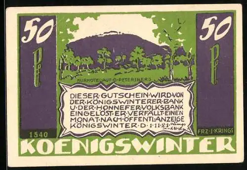 Notgeld Königswinter 1921, 50 Pfennig, Das Kurhotel auf dem Petersberg in der Ferne