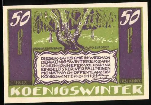 Notgeld Koenigswinter 1921, 50 Pfennig, Dreiburschenbaum auf dem Burghof
