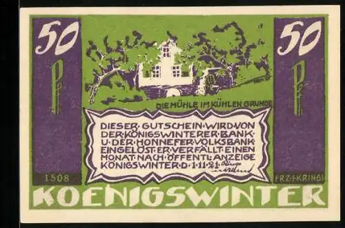 Notgeld Koenigswinter 1921, 50 Pfennig, Blick auf die Mühle im kühlen Grunde