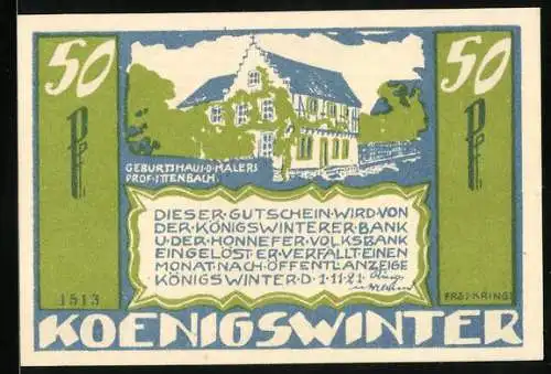 Notgeld Koenigswinter 1921, 50 Pfennig, Das Geburtshaus von dem Maler Prof. Ittenbach