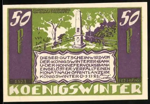 Notgeld Koenigswinter 1921, 50 Pfennig, Partie am Denkmal der Volkserhebung 1813