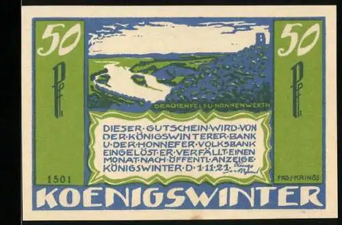 Notgeld Koenigswinter 1921, 50 Pfennig, Drachenfels und Nonnenwerth, Blick auf das Flusstal