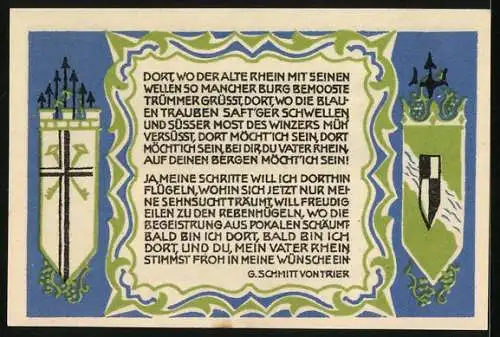 Notgeld Koenigswinter 1921, 50 Pfennig, Drachenfels und Nonnenwerth, Blick auf das Flusstal