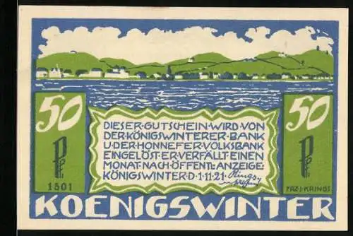 Notgeld Koenigswinter 1921, 50 Pfennig, Fluss und die Ortschaft