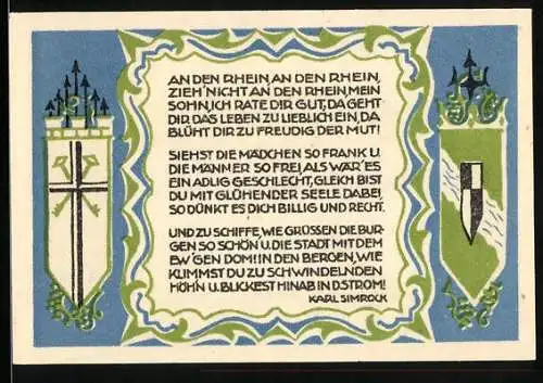 Notgeld Koenigswinter 1921, 50 Pfennig, Drachenburg und Drachenfels am Fluss