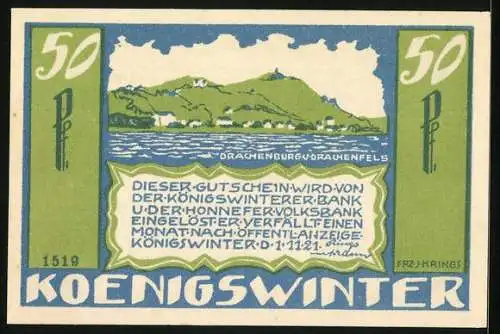 Notgeld Koenigswinter 1921, 50 Pfennig, Drachenburg und Drachenfels am Fluss